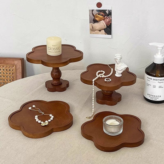 Solid Wood Vintage Lace High Foot Tray Aromatherapy Wooden Tray Candle Cake Tray Dessert Tray Floral French Style