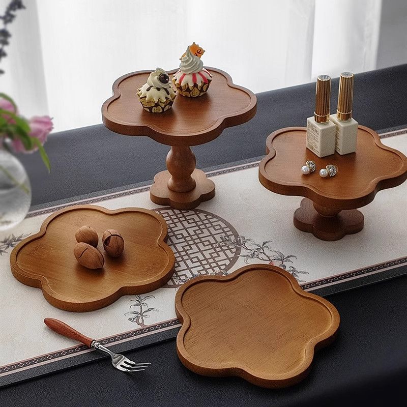 Solid Wood Vintage Lace High Foot Tray Aromatherapy Wooden Tray Candle Cake Tray Dessert Tray Floral French Style
