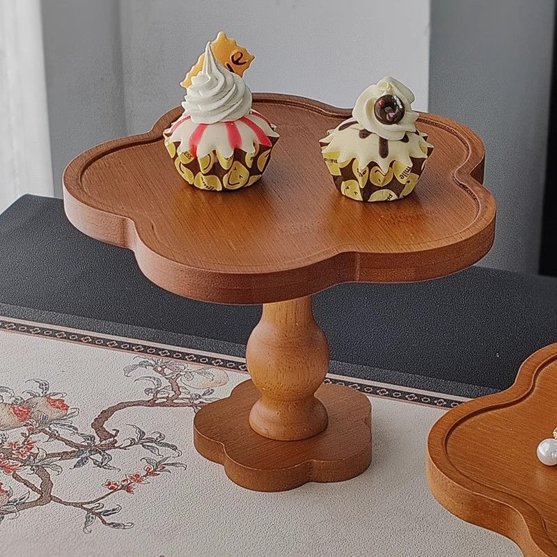 Solid Wood Vintage Lace High Foot Tray Aromatherapy Wooden Tray Candle Cake Tray Dessert Tray Floral French Style